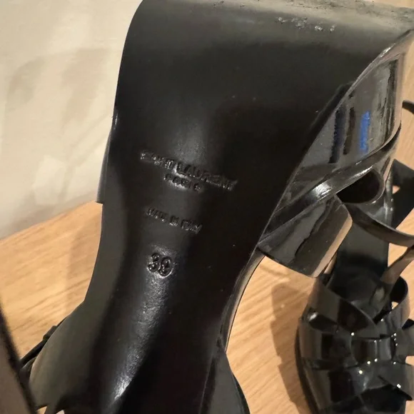 Saint Laurent Black Patent T-Strap Heels with Gold Logo - Picture 4 of 16